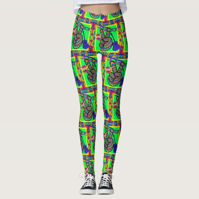 Leggings Retro Peace Hippy Guitar Neon 1960's 1970"s (Devant)