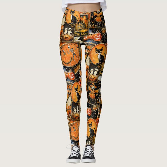 Leggings Retro Vintage Halloween Collage amusant (Devant)
