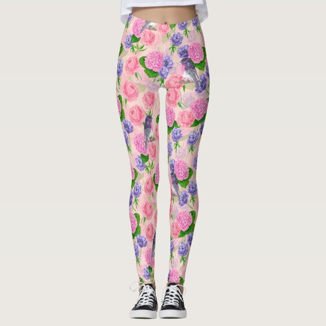 Leggings Robin et fleurs, motif aquarelle (Devant)