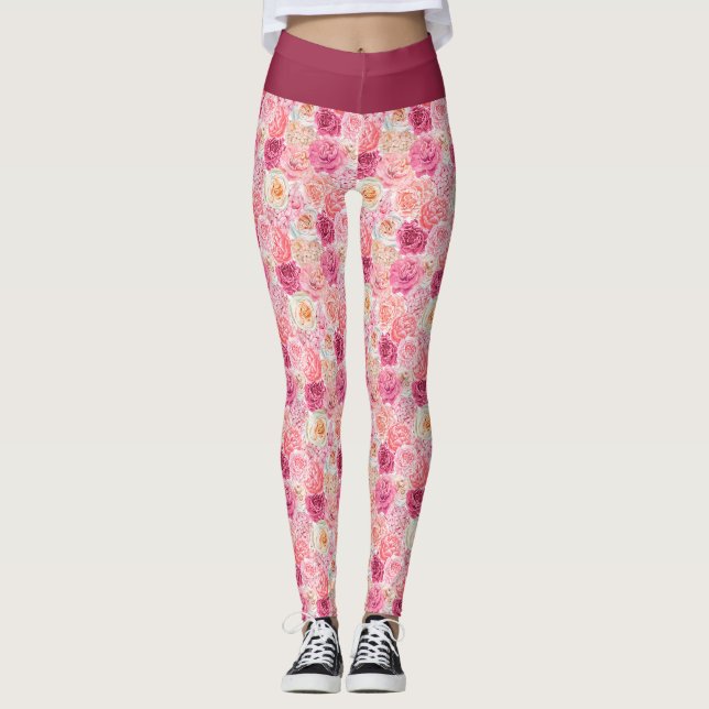 Leggings Rose Blanc Blush rose Magenta Fleurs florales Fill (Devant)
