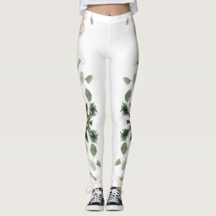 Leggings Rose blanche et feuille artistique