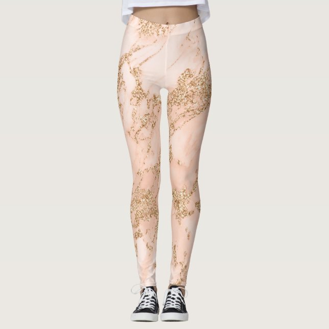 Leggings Rose en marbre parties scintillant d'or abstrait (Devant)