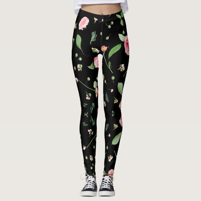 Leggings Rose et feuille sur arrière - plan noir romantique (Devant)