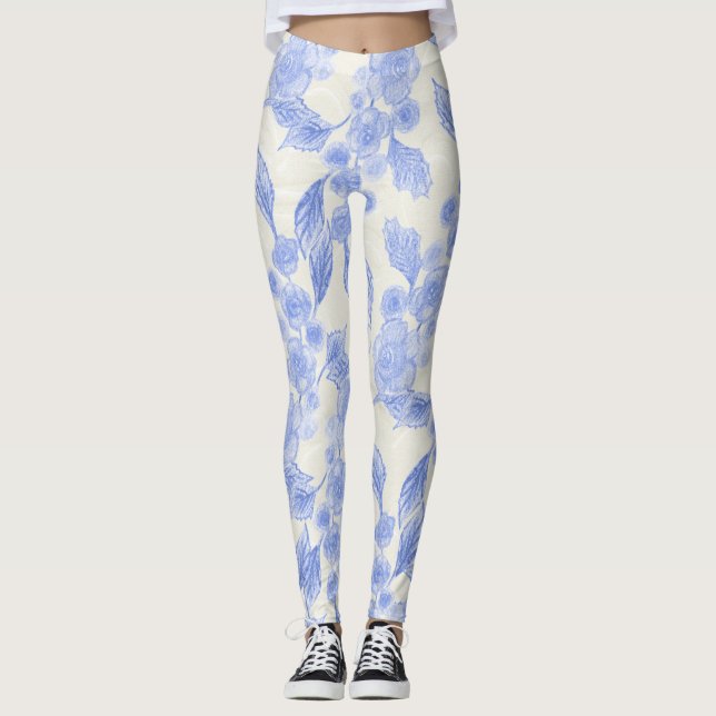 Leggings Rose mit blauer und weißer Blume (Vorderseite)