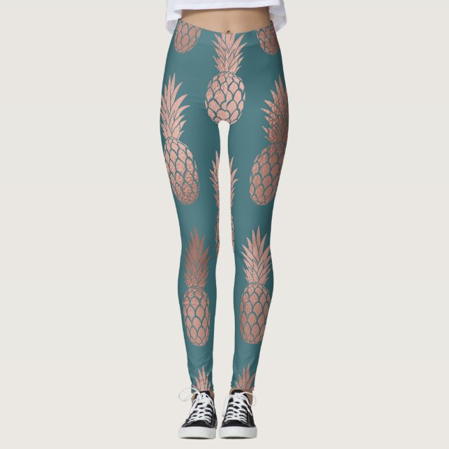 Leggings Rose moderne Gold Turquoise Motif d'ananas vert  (Devant)