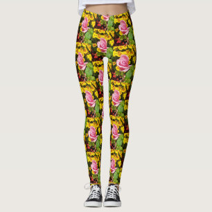 Leggings Rose rose et fleurs jaunes 