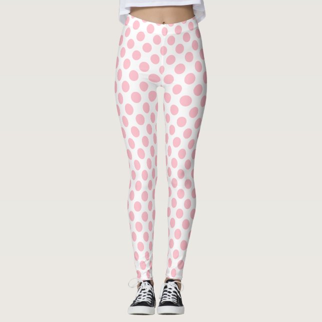 Leggings Rose sur blanc Pois de taille moyenne (Devant)