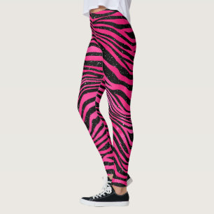 Leggings Rose vif et rayures animales glamour noir