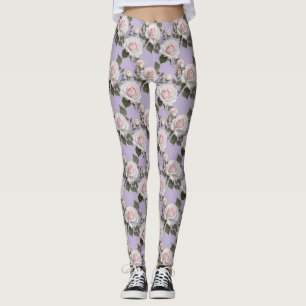 Leggings Roses blanches douces et roses blush sur lavande f
