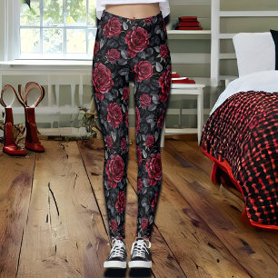 Leggings Roses bourguignons avec Arrière - plan noir