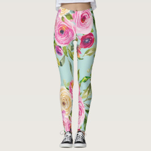Leggings Roses d'aquarelle en rose et crème sur Aqua
