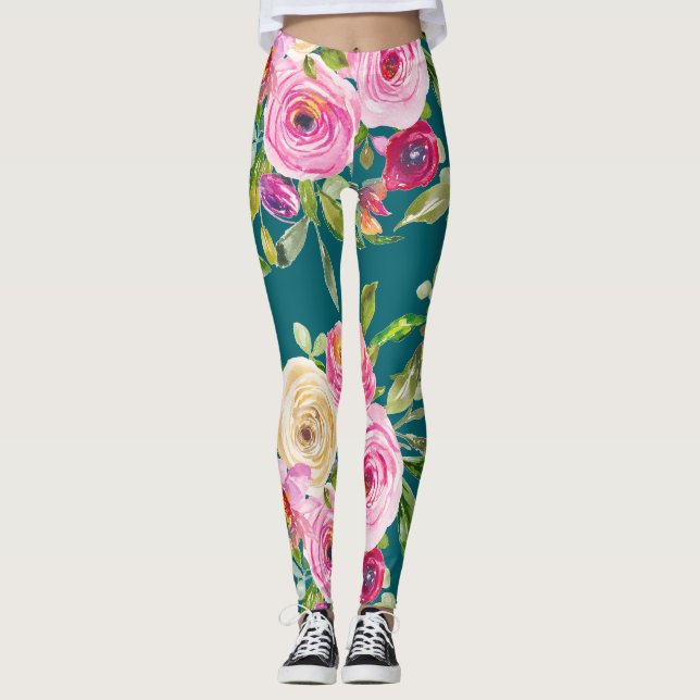Leggings Roses d'aquarelle en rose et crème sur Turquoise (Devant)