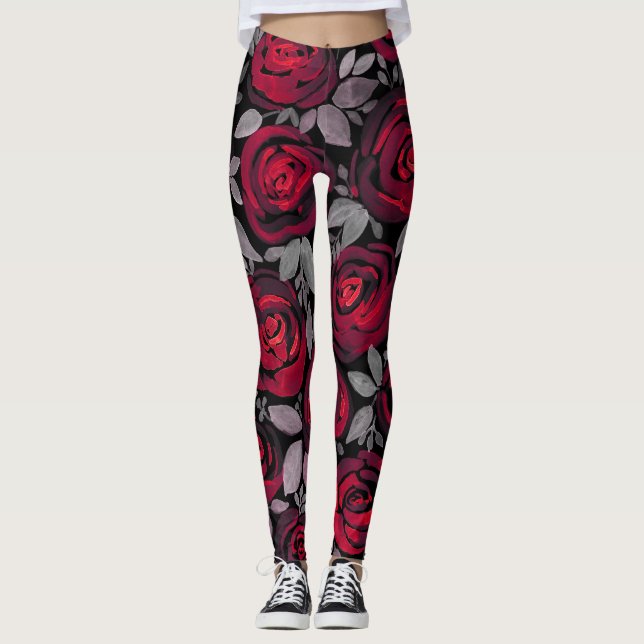 Leggings Roses d'aquarelle, roses rouges sur noir (Devant)