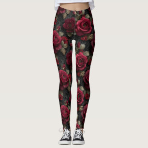 Leggings Roses et bourgeons rouges romantiques foncés sur d