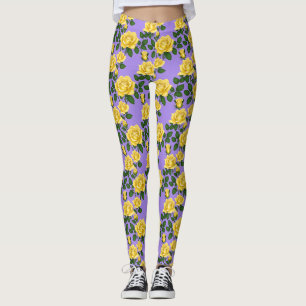 Leggings Roses jaunes vifs avec feuilles vertes