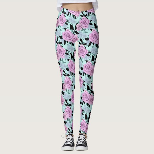 Leggings roses roses roses, roses, arrière - plan turquoise (Devant)