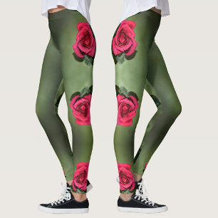 Leggings Roses Rouges Classiques Élégantes Florales Vertes