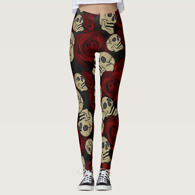 Leggings Roses rouges et crânes gris noir floral gothique (Devant)