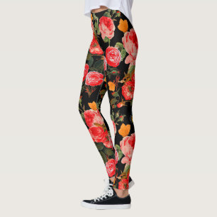 Leggings ROSES ROUGES ET PAPILLONS JAUNES Fleurs Noires