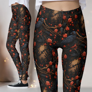 Leggings Roses rouges et Ravens Gothique Alternative Floral