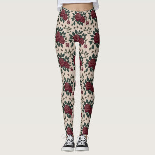 Leggings Roses rouges foncés avec des feuilles vertes