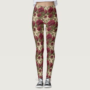 Leggings Roses rouges foncés avec des feuilles vertes fanée