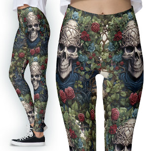 Leggings Roses rouges gothiques Fleurs bleues Crânes celtiq