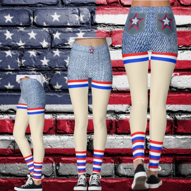 Leggings Rouge, Blanc, Bleu Denim Patriotique ressemble à u (Red, White, Blue Stars & Stripes Denim Short Look alike Leggings. Tons of Fun to Wear!)