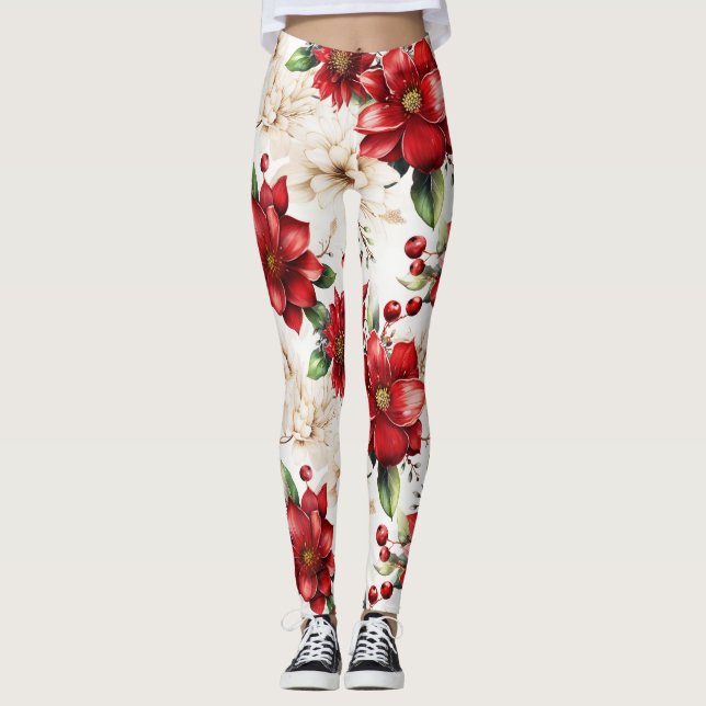 Leggings Rouge Blanc Vert Floral Motifs Élégants Grand Chic (Devant)