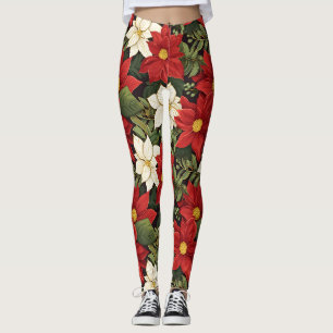 Leggings Rouge Blanc Vert Poinsettia Fleurs Motif