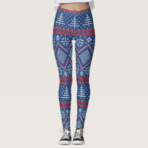 Leggings Rouge Bleu Arbres de Noël Nordic Sweater Motif