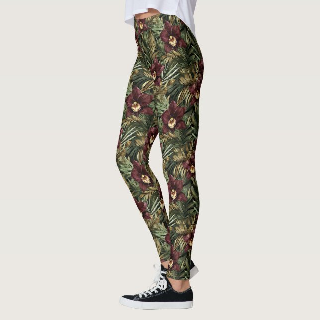 Leggings Rouge Bourgogne Orchidée Florale Tropicale (Gauche)