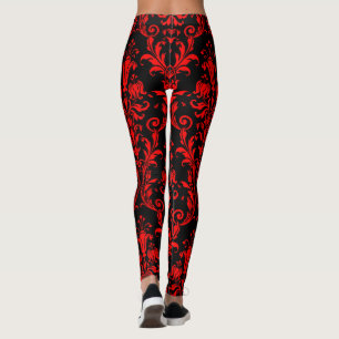 Leggings Rouge de lave sur floral noir tourbillonne Damask