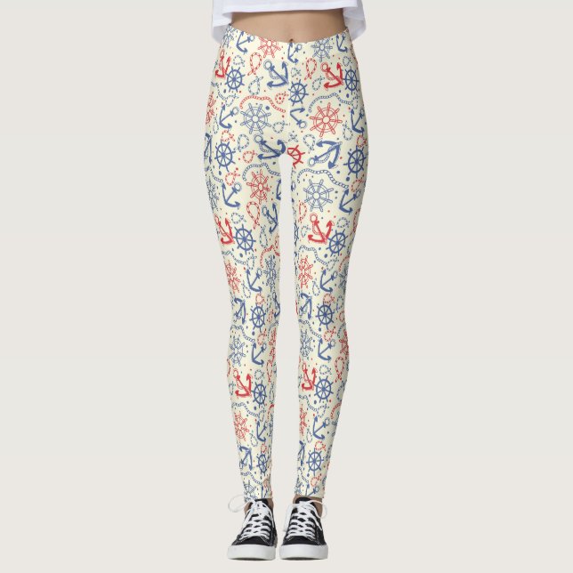 Leggings Rouge et arrière - plan de marine avec l'ancre (Devant)