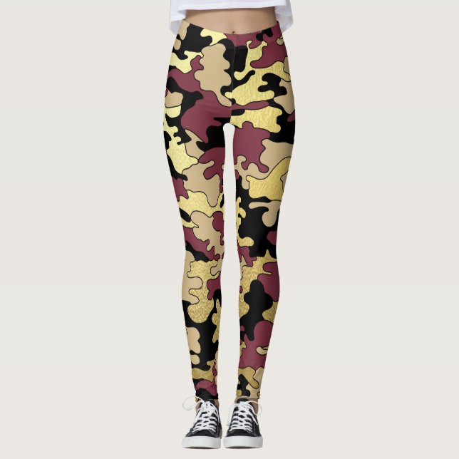 Leggings Rouge foncé et guêtres de Camo d'or (Devant)