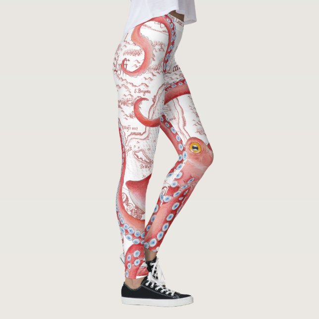 Leggings Rouge Octopus Carte Vintage Blanc (Droite)