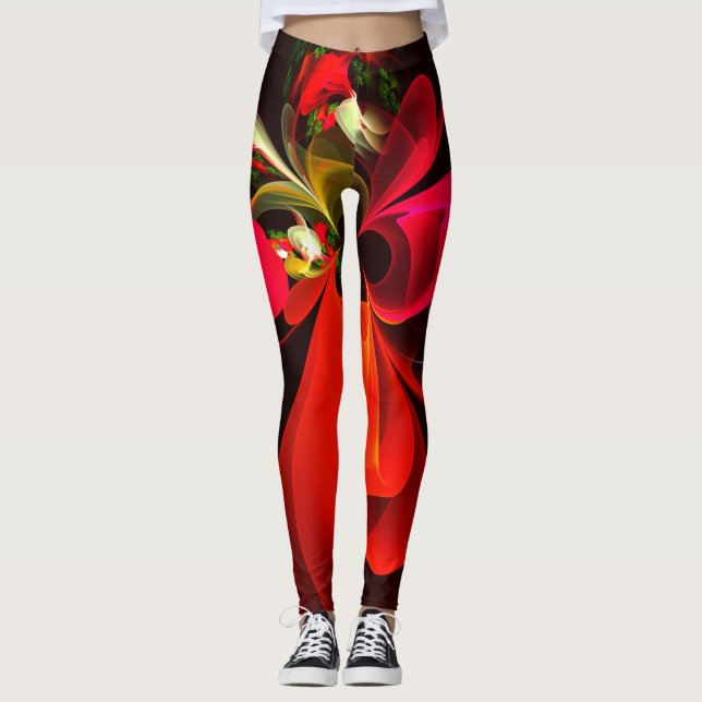 Leggings Rouge Vert Floral Moderne Art Abstrait Motif #02 (Devant)