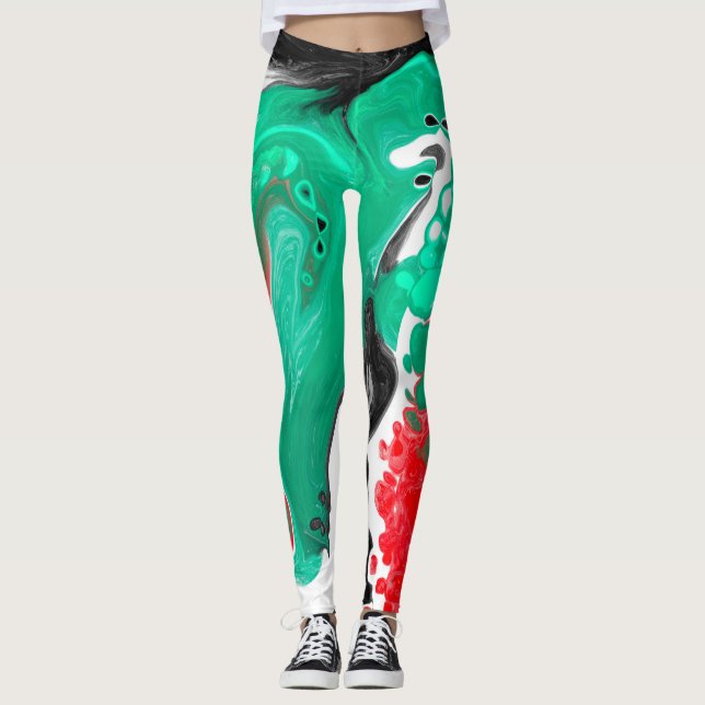Leggings Rouge, vert, noir et Marbre blanc Fluid Art (Devant)