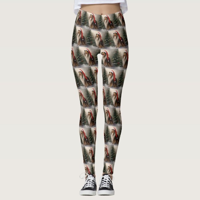 Leggings Rough Collie Chien dans la neige Noël (Devant)