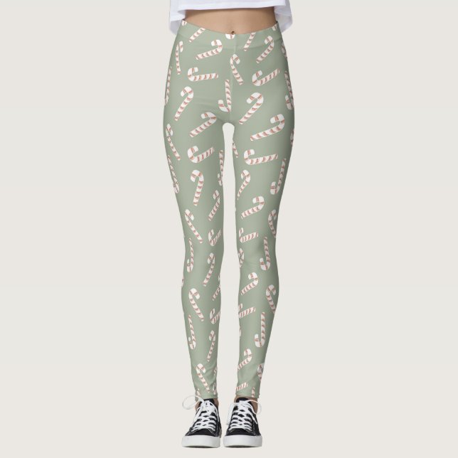 Leggings Sage vert avec Sucres de canne rouges et blancs (Devant)