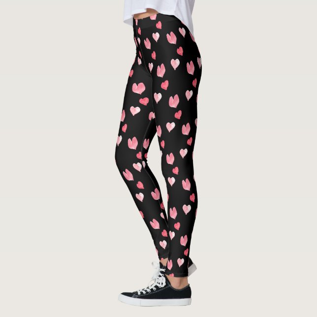 Leggings Saint Valentin Aquarelle coeur rose sur noir (Gauche)
