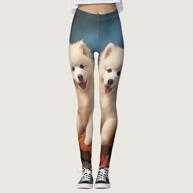 Leggings Samoyed Chiot Automne Citrouille de plaisir (Devant)