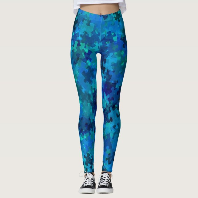 Leggings Sensibilisation sur l'autisme Blue Puzzle Collage (Devant)
