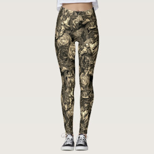 Leggings Sepia Death Head Hawk Moths Goth Raven avec Roses