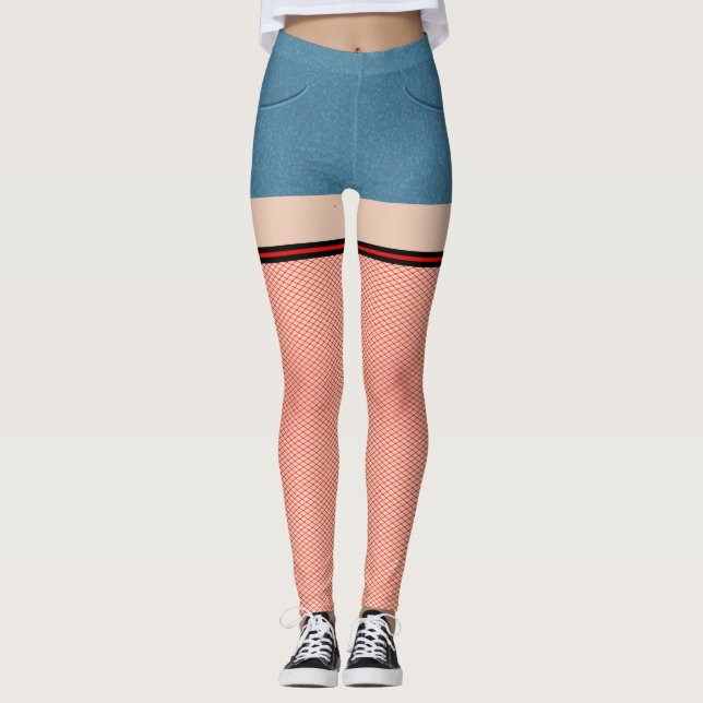 Leggings Shorts Denim Bleus Avec Poisson Rouge Et Noir (Devant)