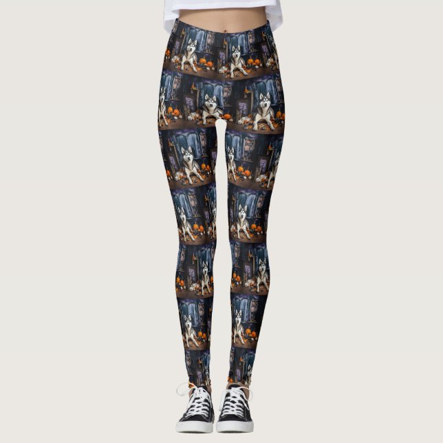 Leggings Sibérie Husky Citrouille Halloween effrayant (Devant)