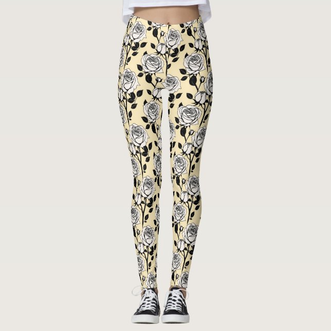 Leggings Simple Black And White Roses In A Graphic Style  (Devant)