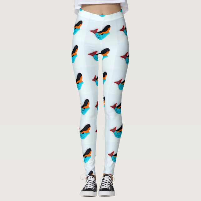 Leggings sirènes de brune de bleu-queue blanches (Devant)