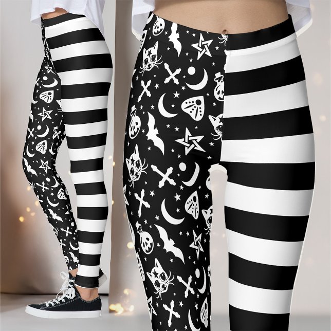 Leggings Sorcière d'Halloween noir et blanc rayé gothique (Créateur téléchargé)