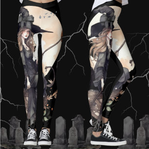 Leggings Sorcière et chat avec lune de récolte et ravens